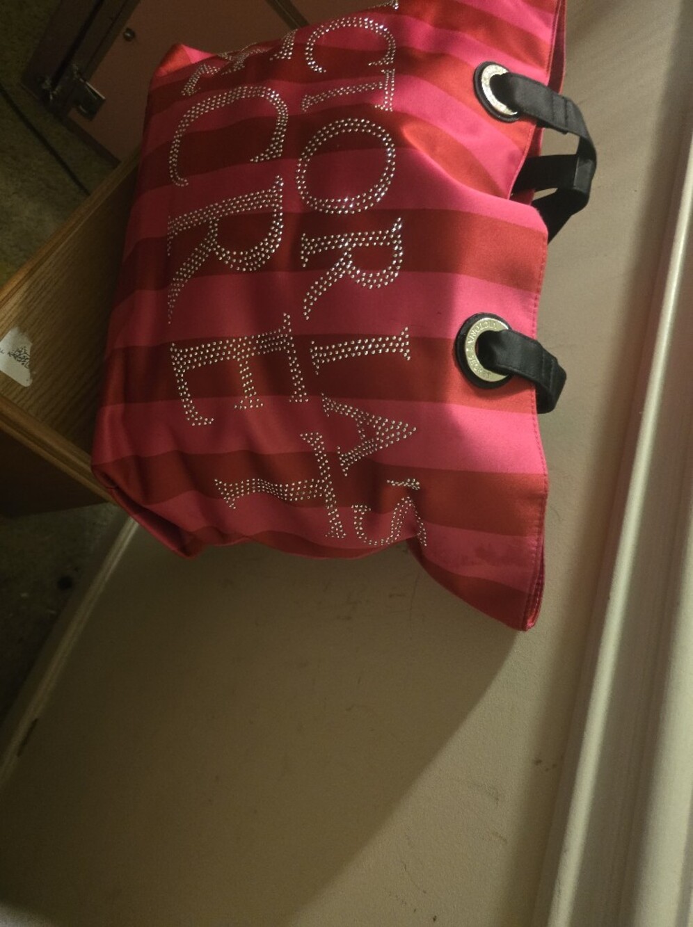 Victoria's Secret Pink Striped Tote with Crystal Logo
